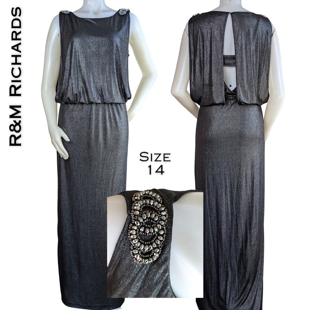 R&M Richards Formal Maxi Gown 14 Black Silver Metallic Beaded Column  Blouson